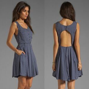 Neuw Revolve Navy Blue White Polka Dot Sleeveless Open Back Dress Size 10